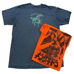 Men’s graphic Tshirt set of 2 size L “The WiFi is down” w/Trex & Gozilla print